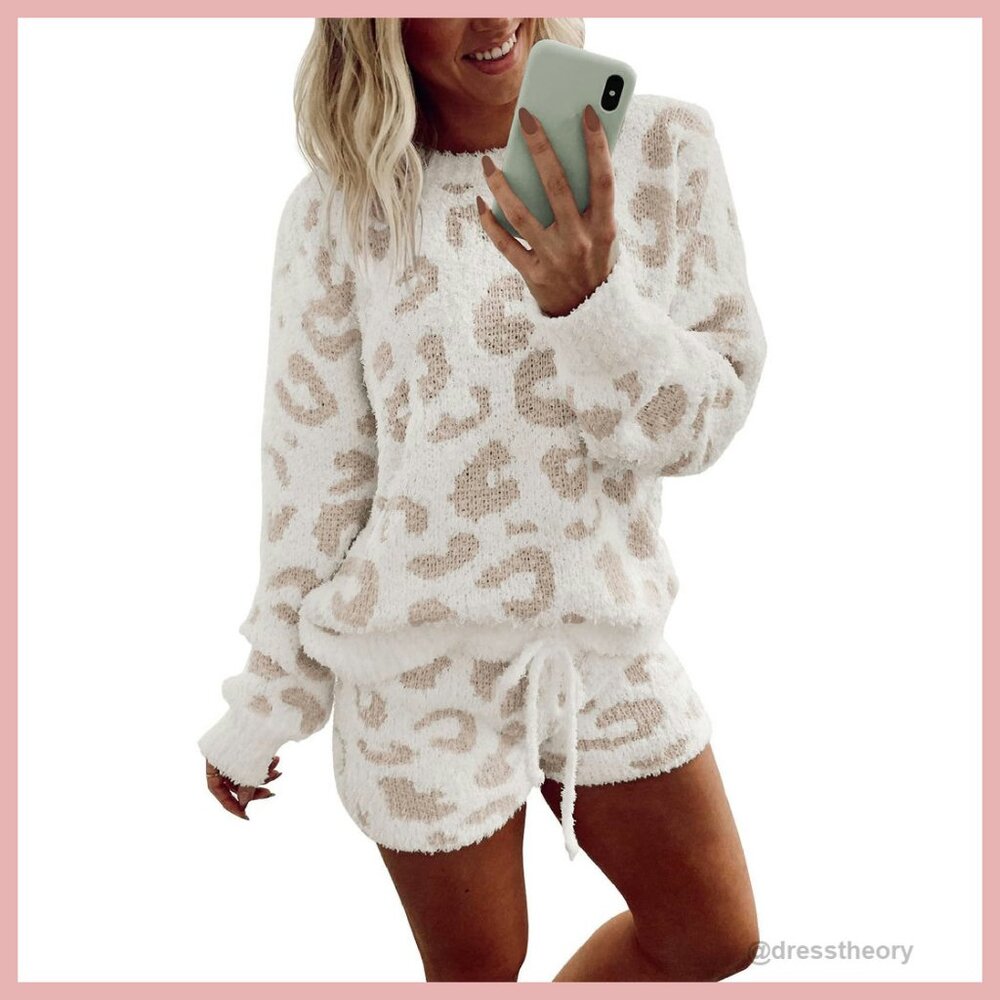 Fuzzy Fleece Pajama Set Long Sleeve Top & Shorts Loungewear